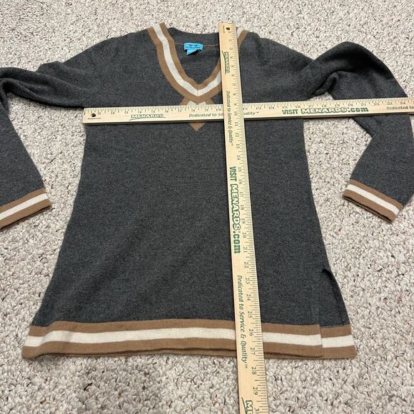 Two Bees Cashmere Sweater V Neck Sz S Stripe Gray Preppy Quiet Luxury Old Money - Picture 2 of 6